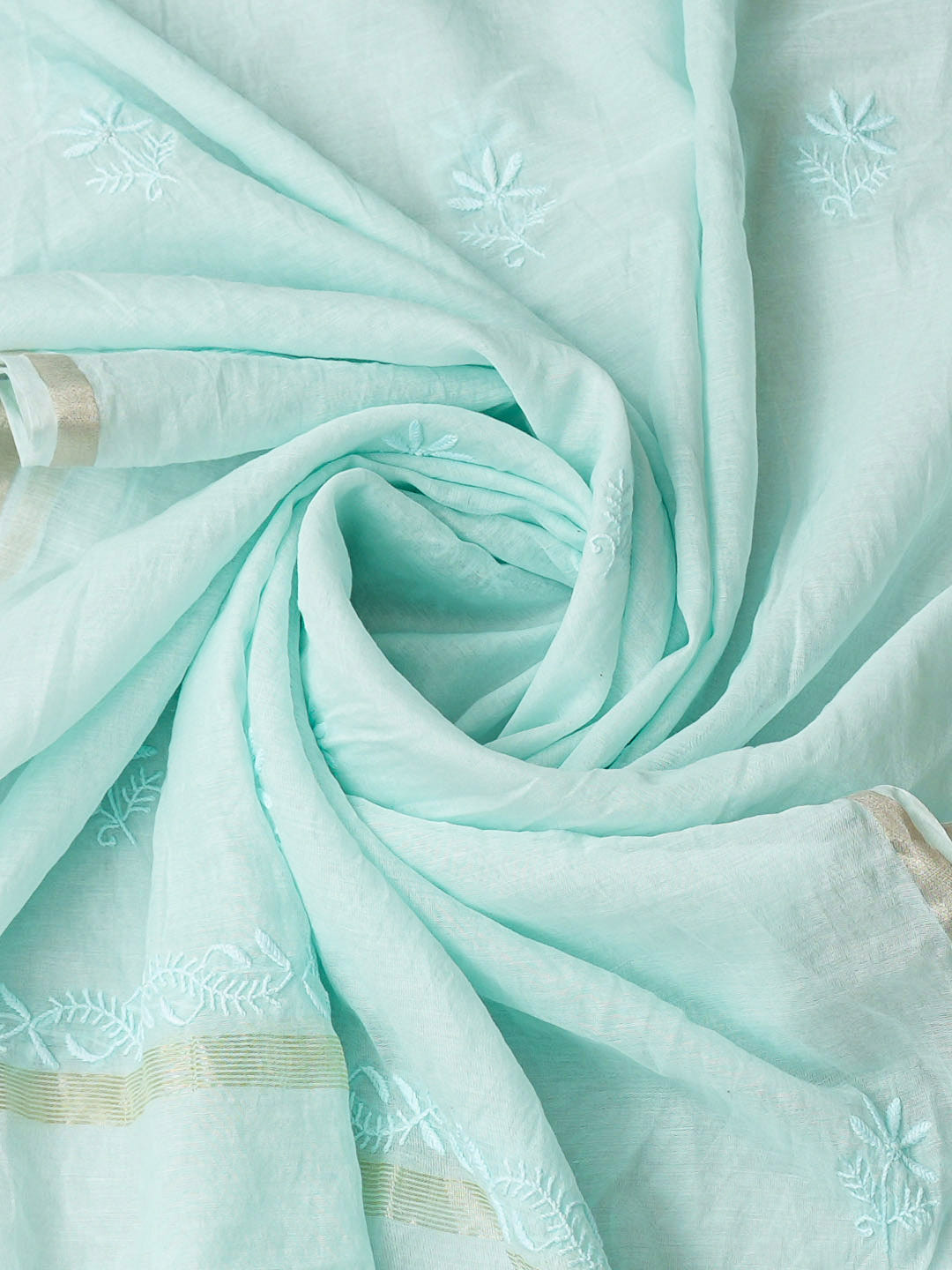 Ada Hand Embroidered Sky Blue Chanderi Lucknowi Chikankari Semi-Stitched A-Line Kurta Dupatta Set 07A500346