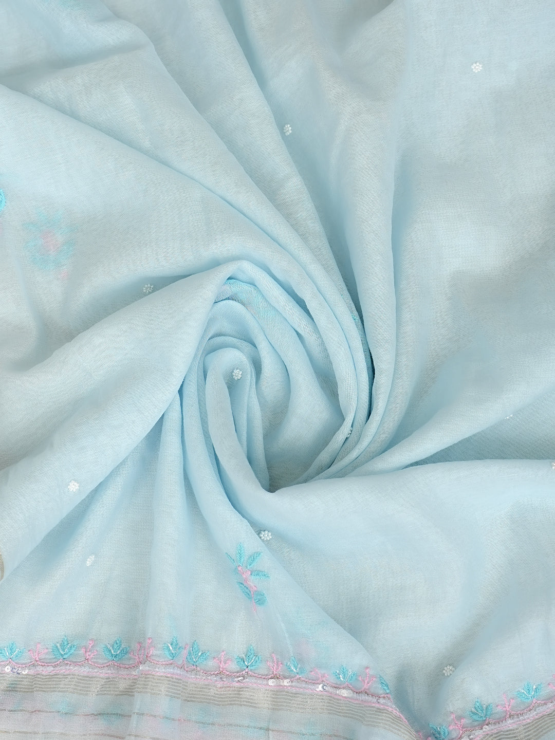 Ada Hand Embroidered Sky Blue Chanderi Lucknowi Chikankari Unstitched Kurta Dupatta Set With Pearl Work 01A988133