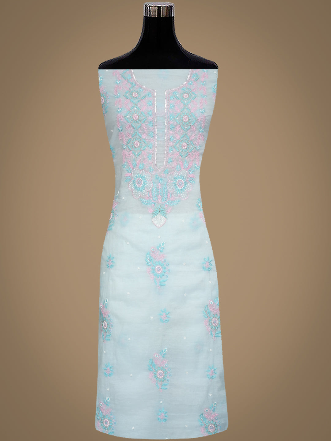 Ada Hand Embroidered Sky Blue Chanderi Lucknowi Chikankari Unstitched Kurta Dupatta Set With Pearl Work 01A988133
