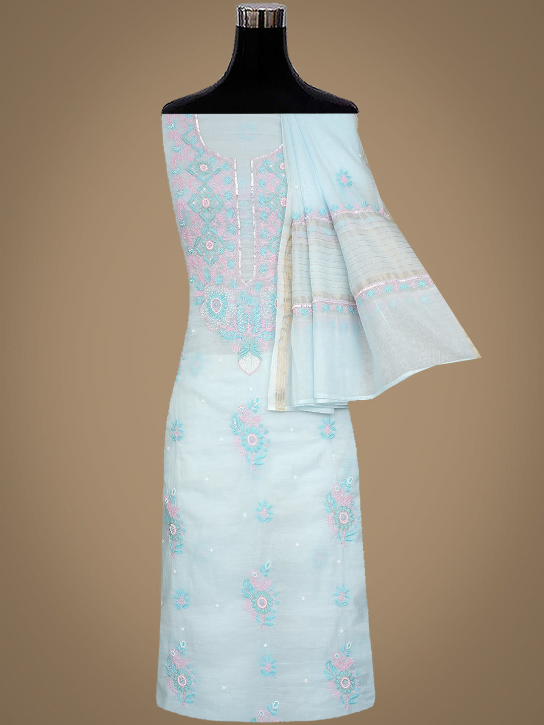 Ada Hand Embroidered Sky Blue Chanderi Lucknowi Chikankari Unstitched Kurta Dupatta Set With Pearl Work 01A988133