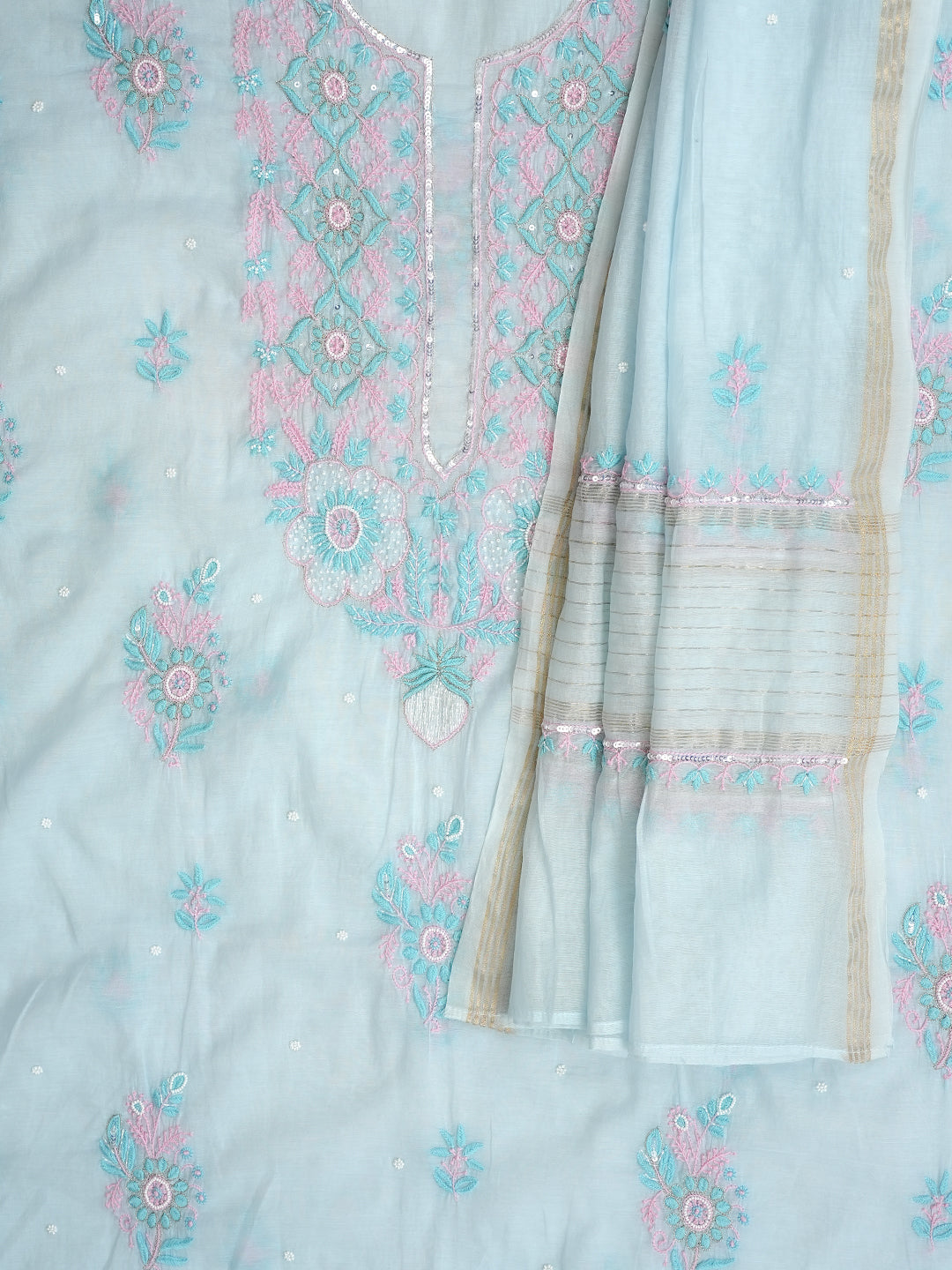 Ada Hand Embroidered Sky Blue Chanderi Lucknowi Chikankari Unstitched Kurta Dupatta Set With Pearl Work 01A988133