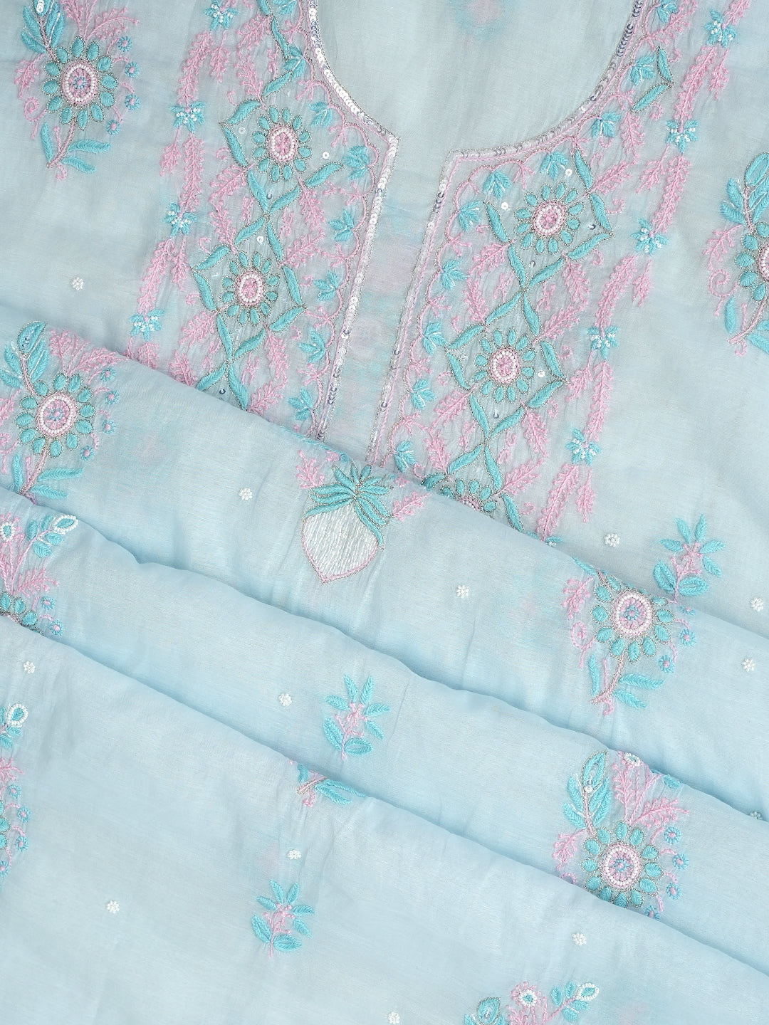 Ada Hand Embroidered Sky Blue Chanderi Lucknowi Chikankari Unstitched Kurta Dupatta Set With Pearl Work 01A988133