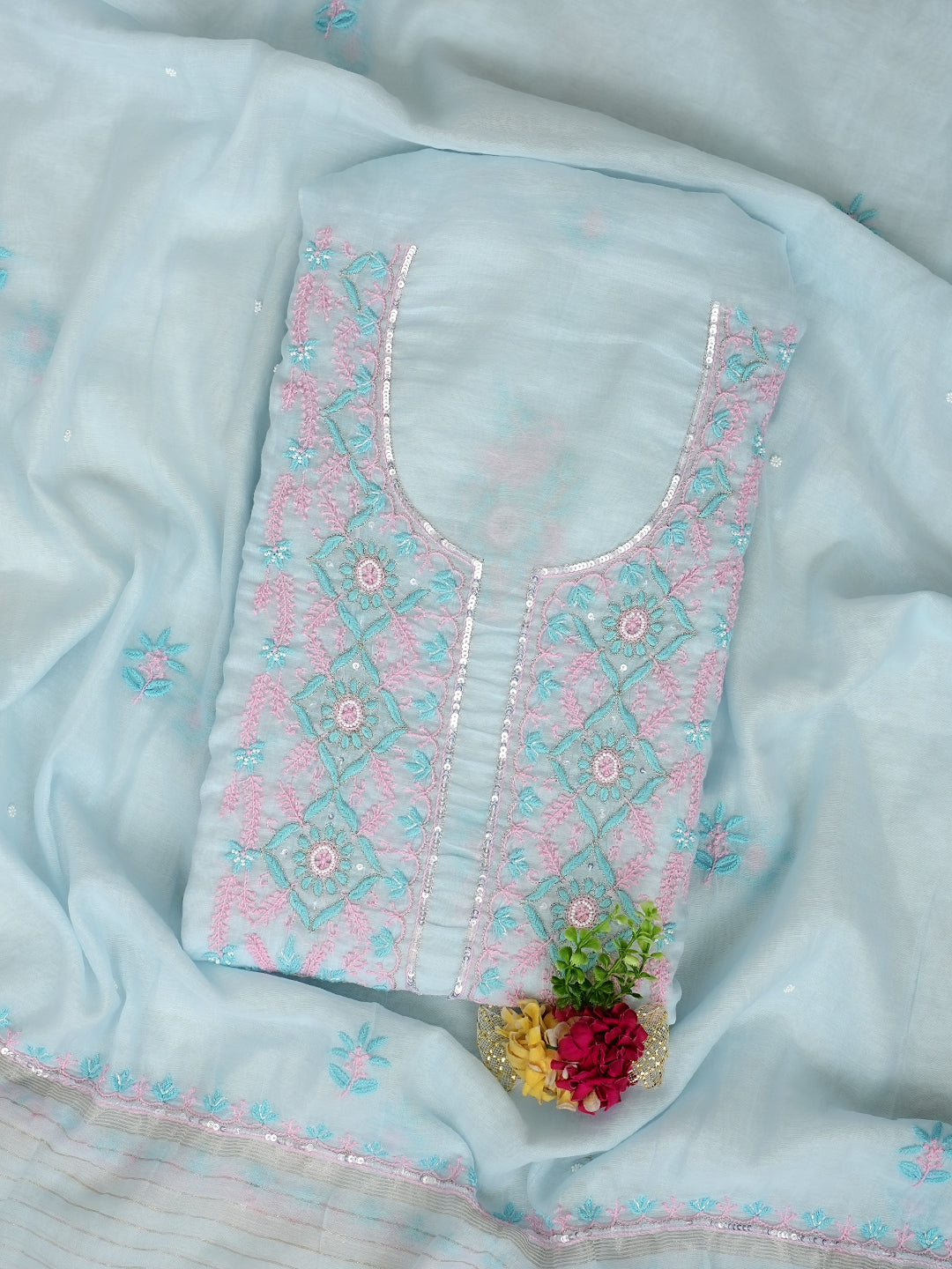 Ada Hand Embroidered Sky Blue Chanderi Lucknowi Chikankari Unstitched Kurta Dupatta Set With Pearl Work 01A988133