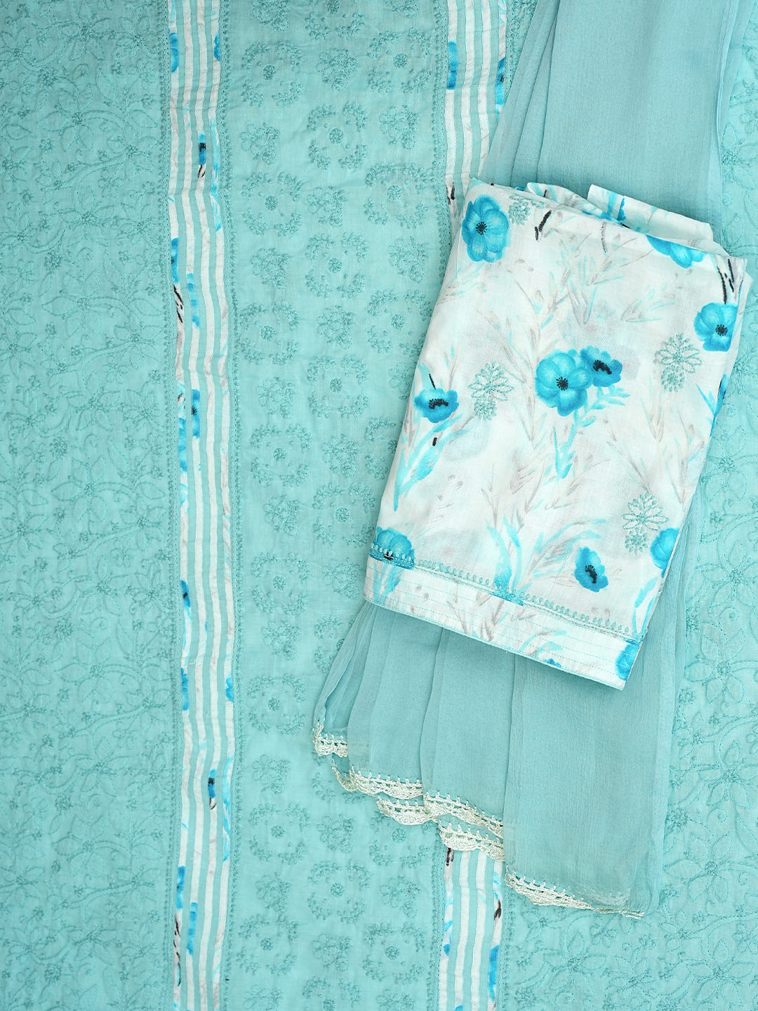 Ada Hand Embroidered Sky Blue Cotton Lucknowi Chikankari Unstitched Suit Piece 01A964841