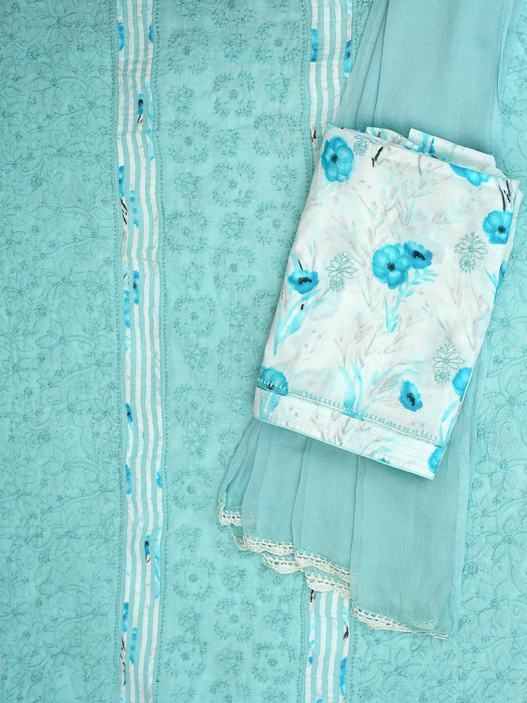 Ada Hand Embroidered Sky Blue Cotton Lucknowi Chikankari Unstitched Suit Piece 01A964841