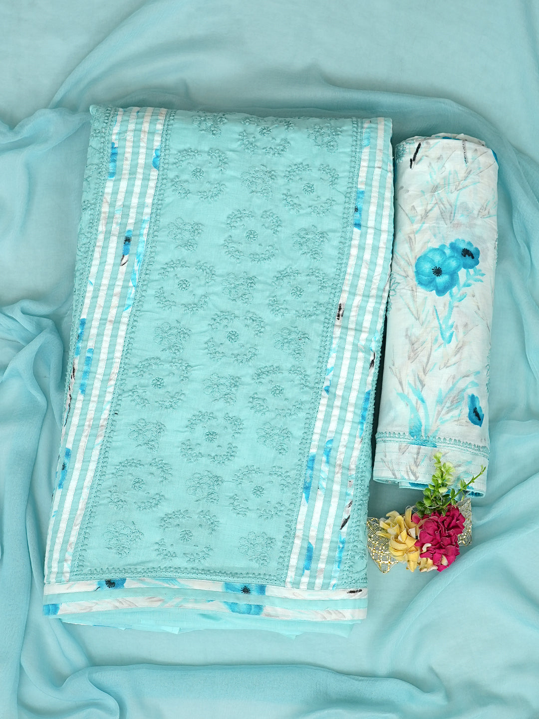 Ada Hand Embroidered Sky Blue Cotton Lucknowi Chikankari Unstitched Suit Piece 01A964841