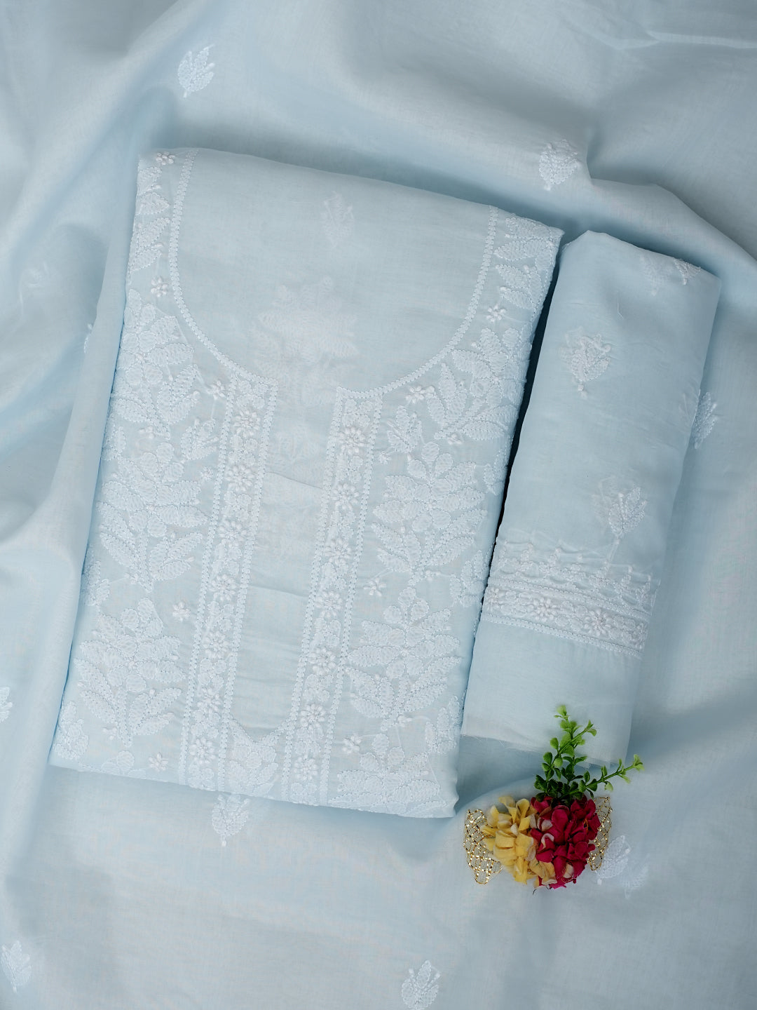 Ada Hand Embroidered Sky Blue Cotton Lucknowi Chikankari Unstitched Suit Piece 01A977508