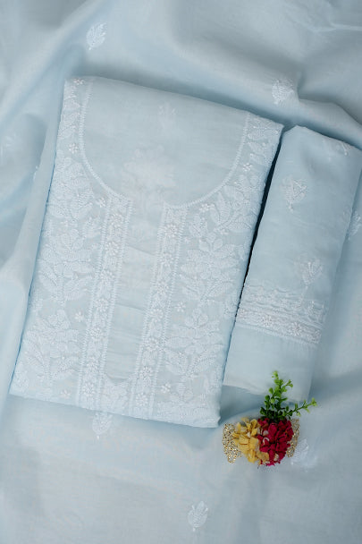 Ada Hand Embroidered Sky Blue Cotton Lucknowi Chikankari Unstitched Suit Piece 01A977508