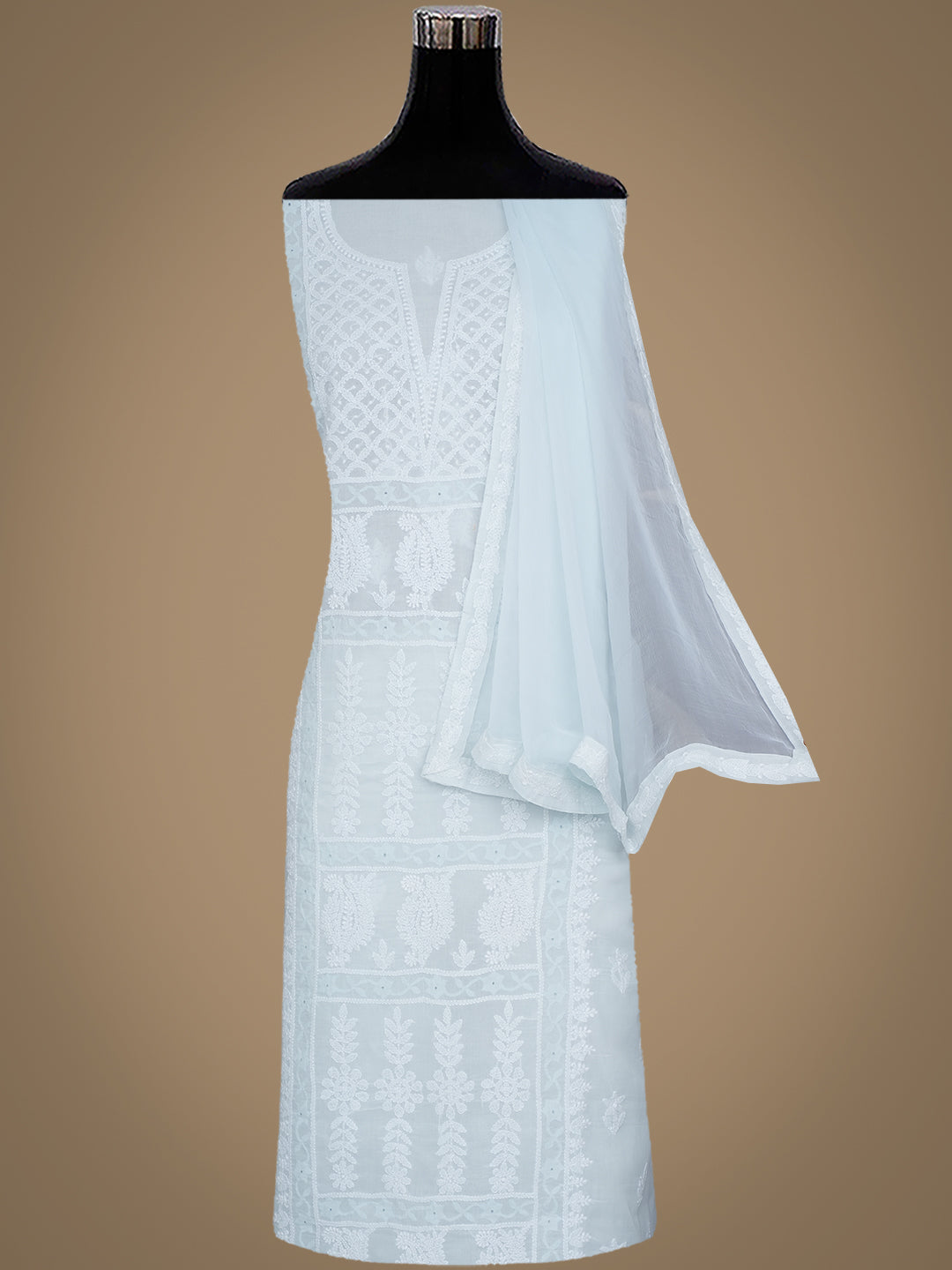 Ada Hand Embroidered Sky Blue Cotton Lucknowi Chikankari Unstitched Suit Piece With Chiffon Dupatta 01A981992