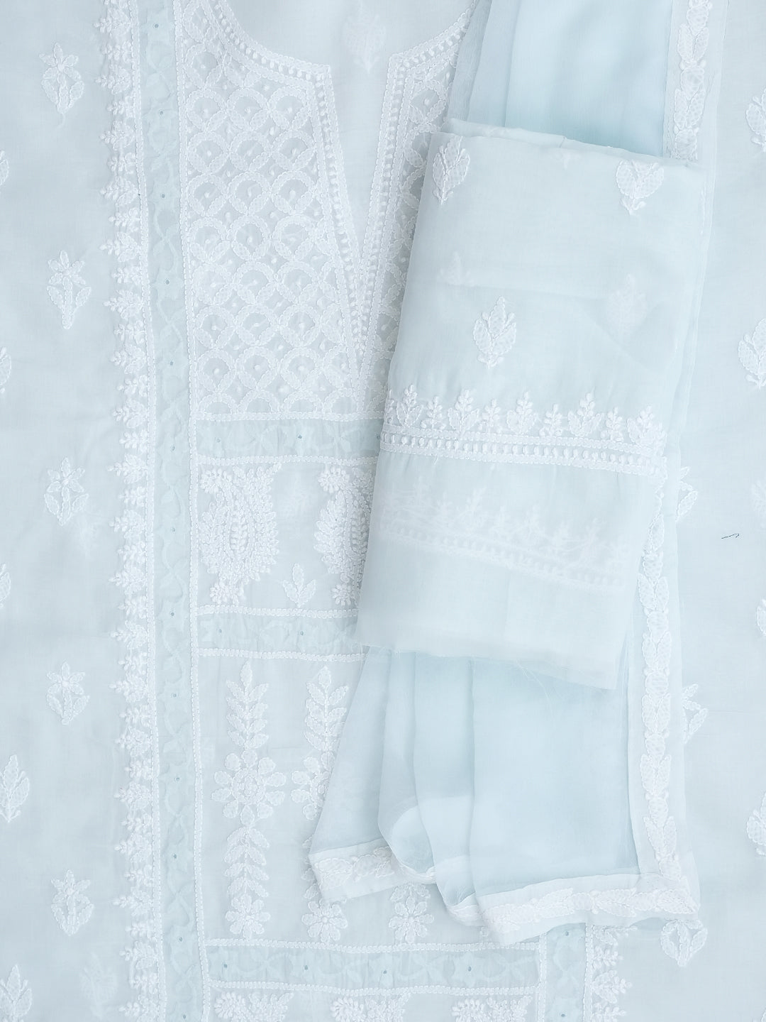 Ada Hand Embroidered Sky Blue Cotton Lucknowi Chikankari Unstitched Suit Piece With Chiffon Dupatta 01A981992