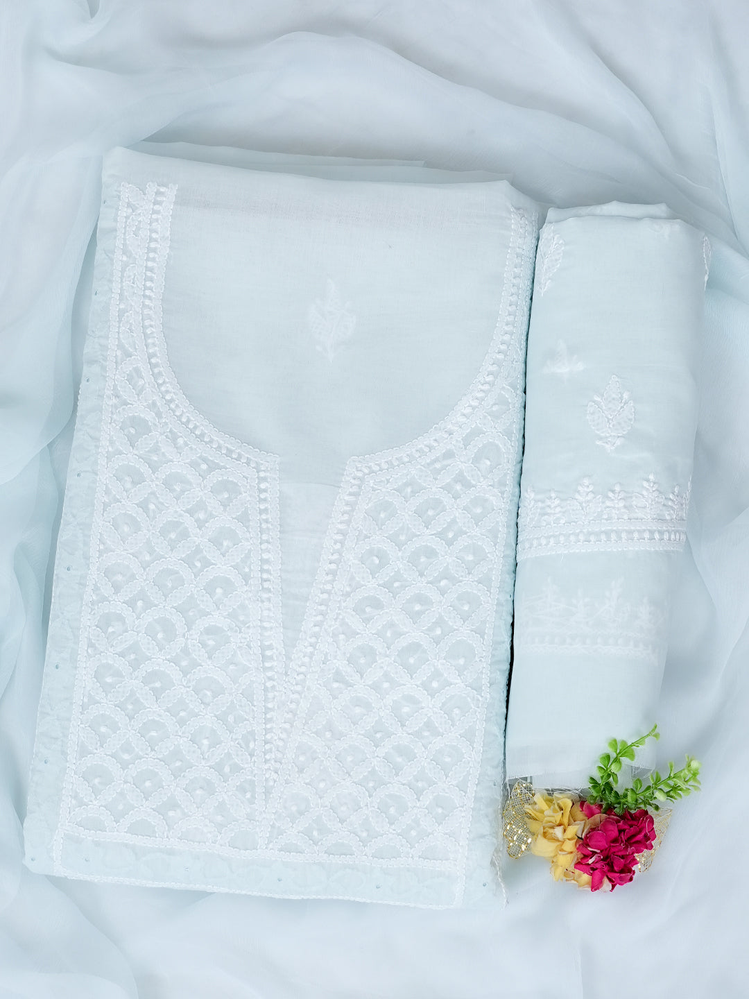 Ada Hand Embroidered Sky Blue Cotton Lucknowi Chikankari Unstitched Suit Piece With Chiffon Dupatta 01A981992