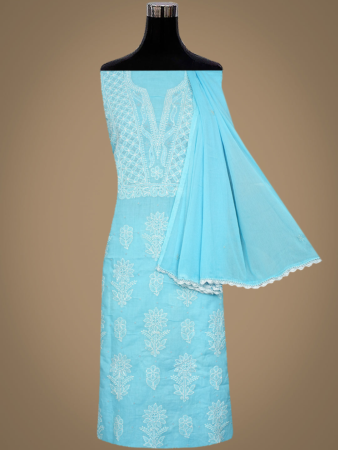 Ada Hand Embroidered Sky Blue Cotton Lucknowi Chikankari Unstitched Suit Piece With Pearl Work 01A751960