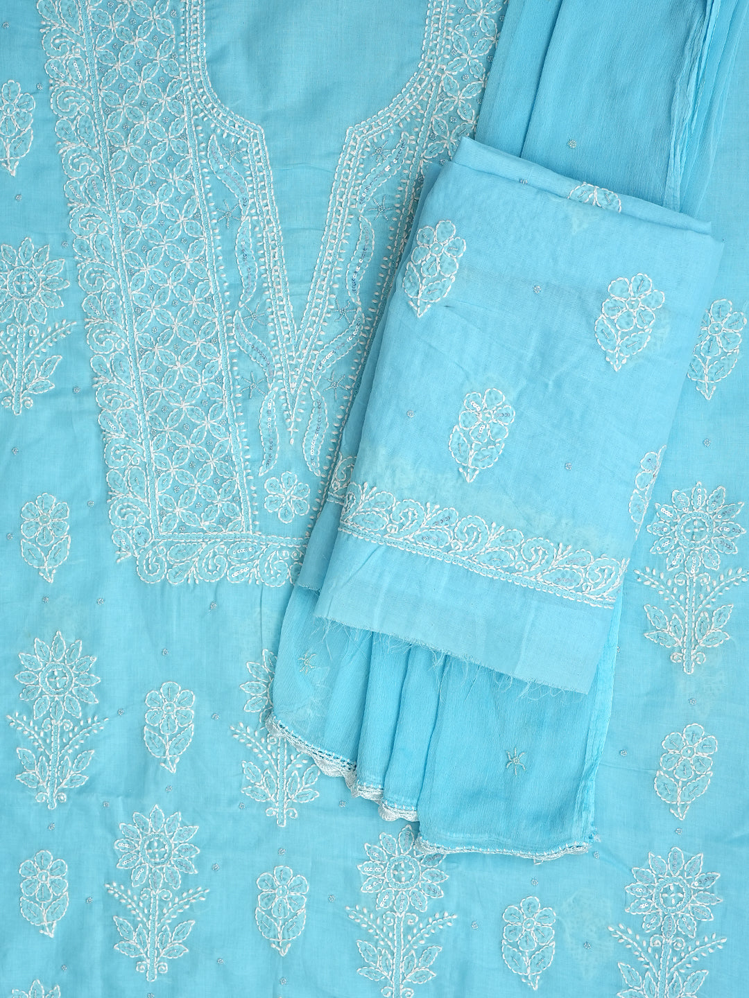 Ada Hand Embroidered Sky Blue Cotton Lucknowi Chikankari Unstitched Suit Piece With Pearl Work 01A751960