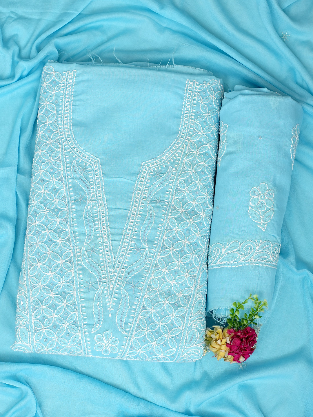 Ada Hand Embroidered Sky Blue Cotton Lucknowi Chikankari Unstitched Suit Piece With Pearl Work 01A751960