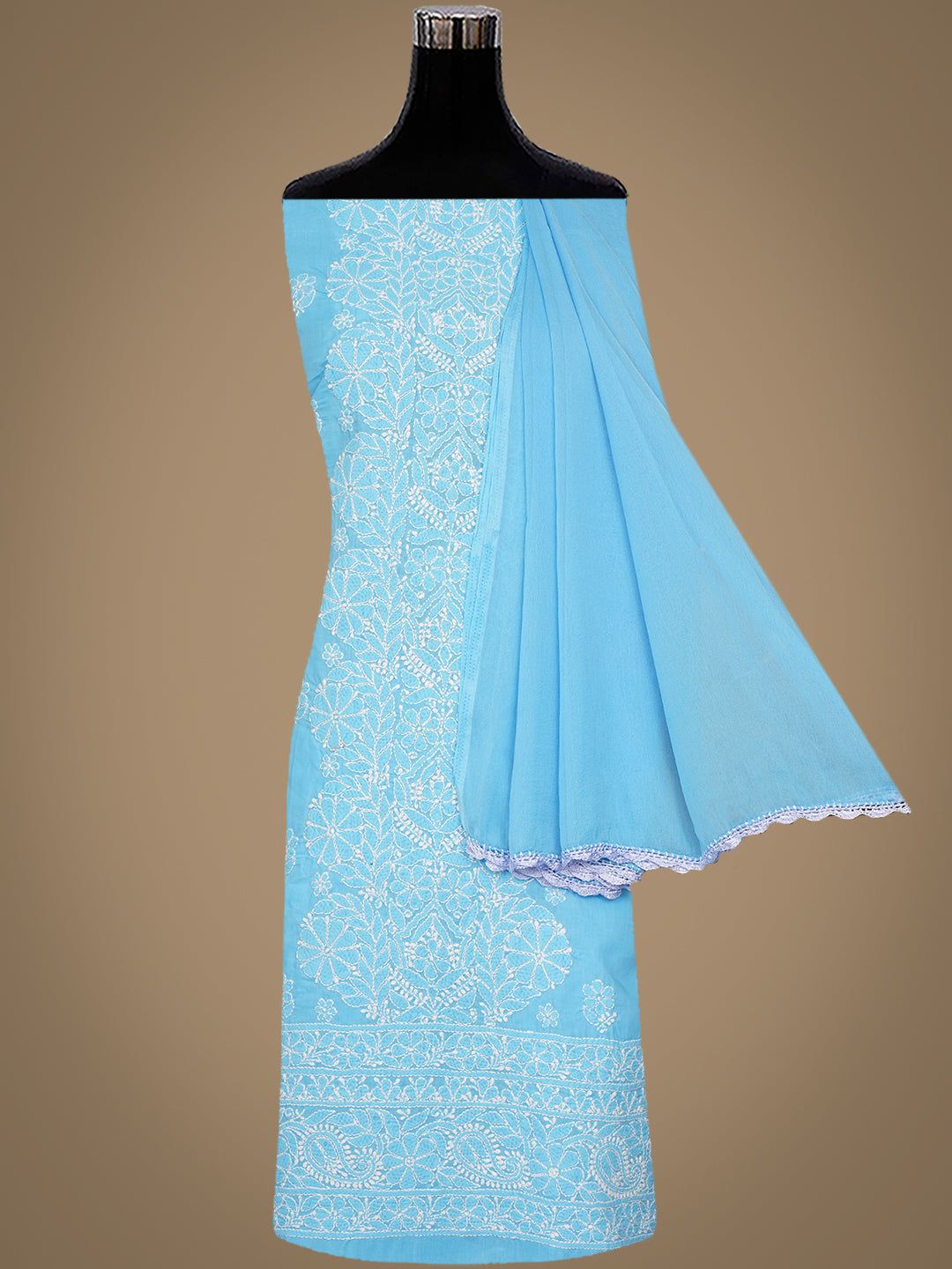 Ada Hand Embroidered Sky Blue Cotton Lucknowi Chikankari Unstitched Suit Set With Chiffon Dupatta 01A1010635