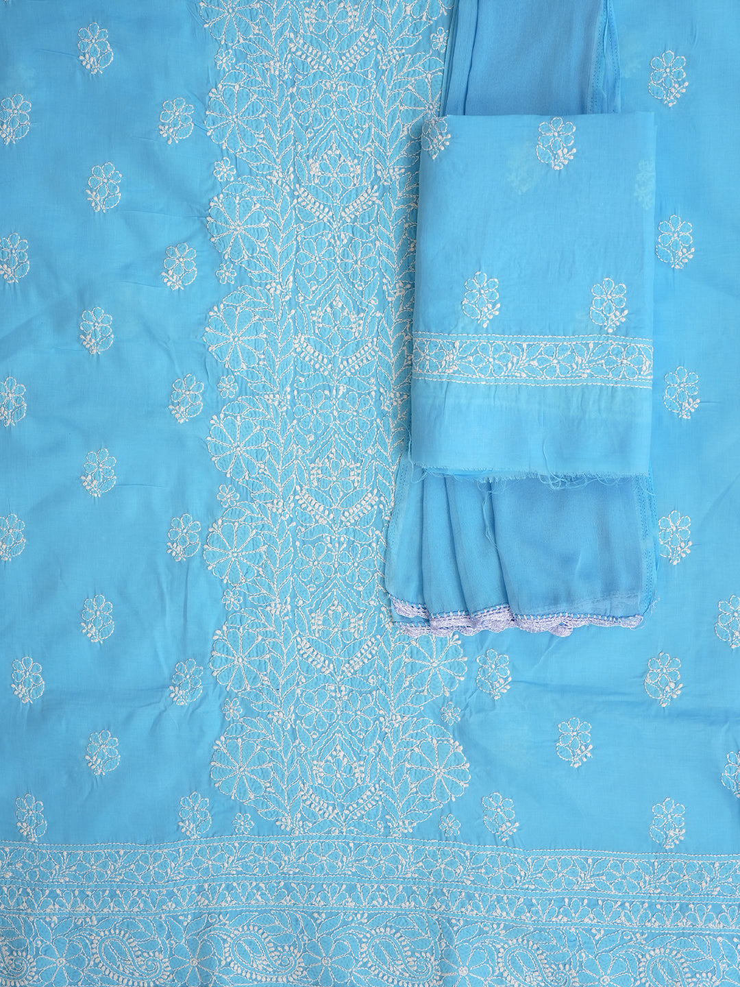 Ada Hand Embroidered Sky Blue Cotton Lucknowi Chikankari Unstitched Suit Set With Chiffon Dupatta 01A1010635