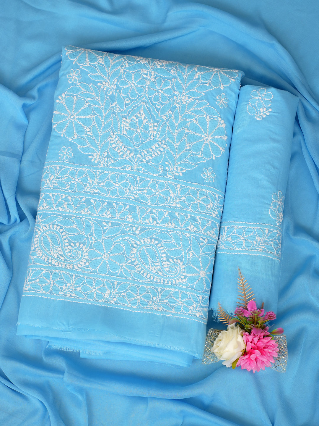 Ada Hand Embroidered Sky Blue Cotton Lucknowi Chikankari Unstitched Suit Set With Chiffon Dupatta 01A1010635