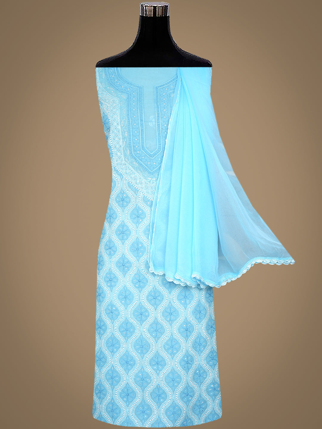 Ada Hand Embroidered Sky Blue Cotton Lucknowi Chikankari Unstitched Suit Set With Chiffon Dupatta and Catdana Work 01A1006686