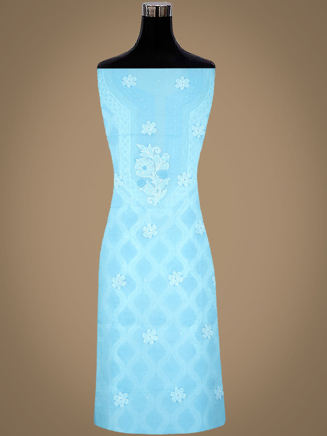 Ada Hand Embroidered Sky Blue Cotton Lucknowi Chikankari Unstitched Suit Set With Chiffon Dupatta and Catdana Work 01A1006686