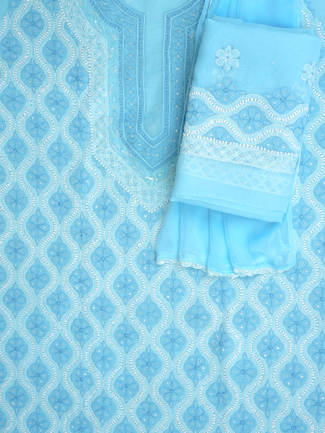 Ada Hand Embroidered Sky Blue Cotton Lucknowi Chikankari Unstitched Suit Set With Chiffon Dupatta and Catdana Work 01A1006686