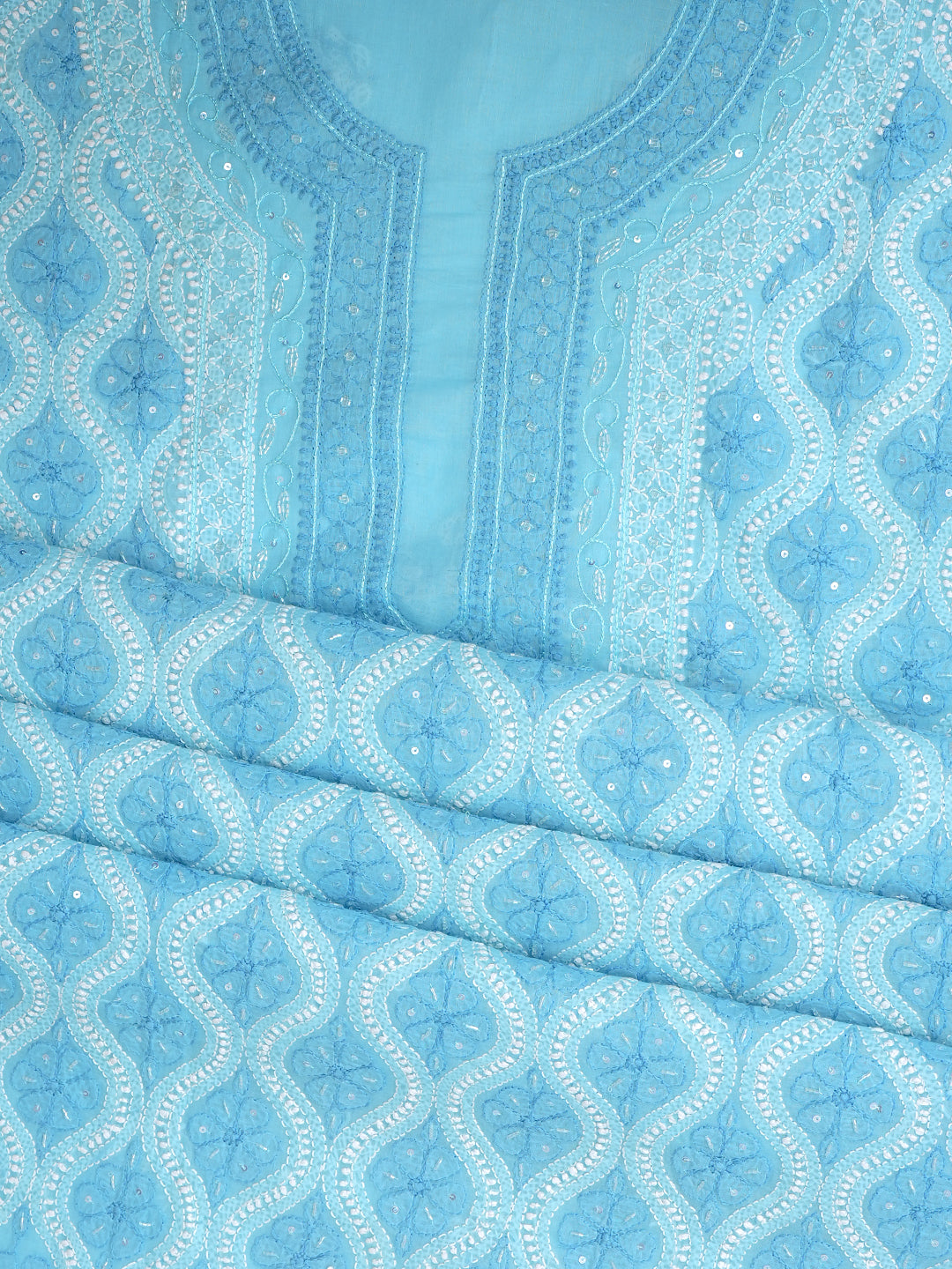 Ada Hand Embroidered Sky Blue Cotton Lucknowi Chikankari Unstitched Suit Set With Chiffon Dupatta and Catdana Work 01A1006686