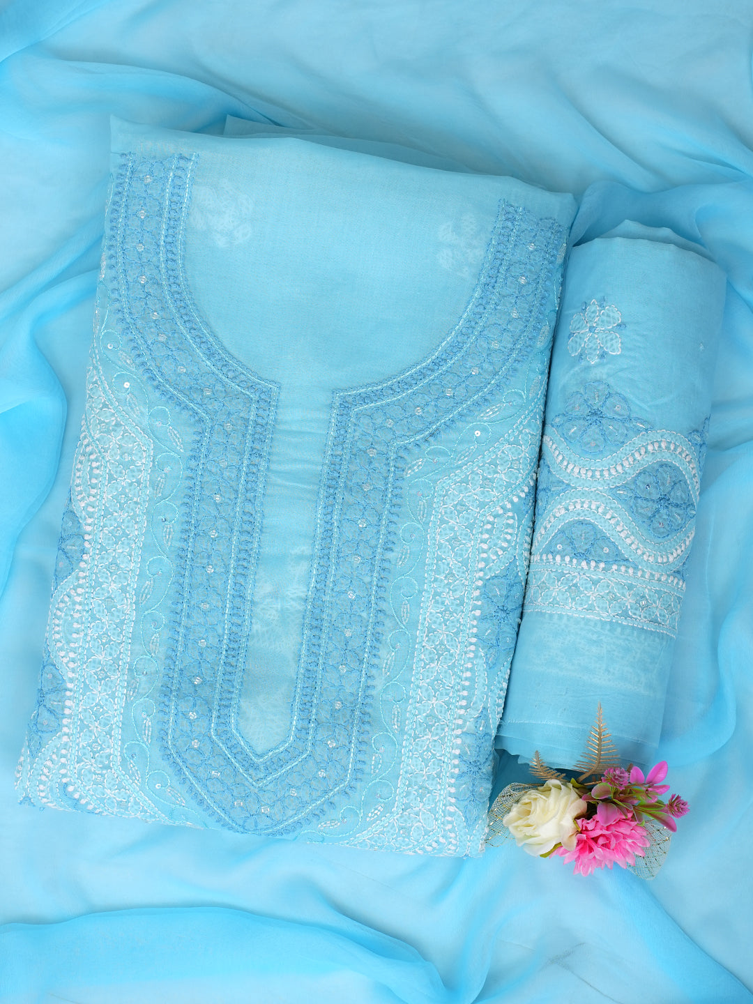 Ada Hand Embroidered Sky Blue Cotton Lucknowi Chikankari Unstitched Suit Set With Chiffon Dupatta and Catdana Work 01A1006686