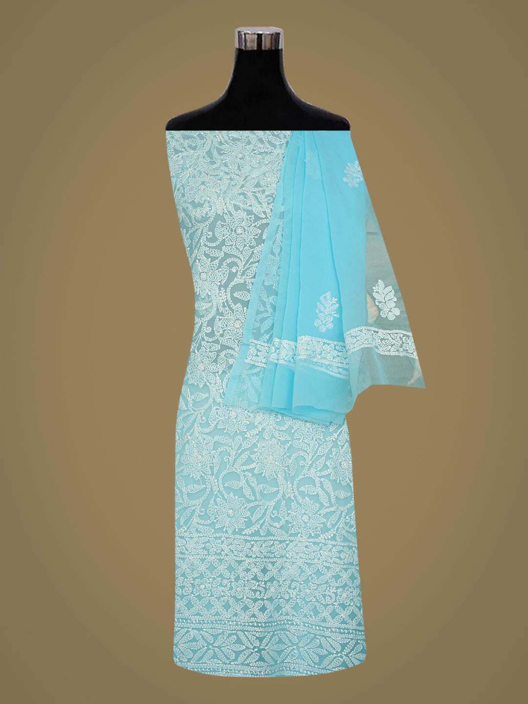 Ada Hand Embroidered Sky Blue Faux Georgette Lucknowi Chikankari Unstitched Suit Piece_3