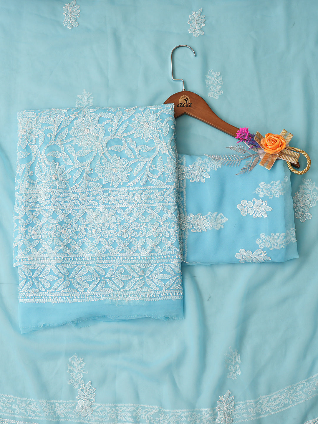 Ada Hand Embroidered Sky Blue Faux Georgette Lucknowi Chikankari Unstitched Suit Piece_1