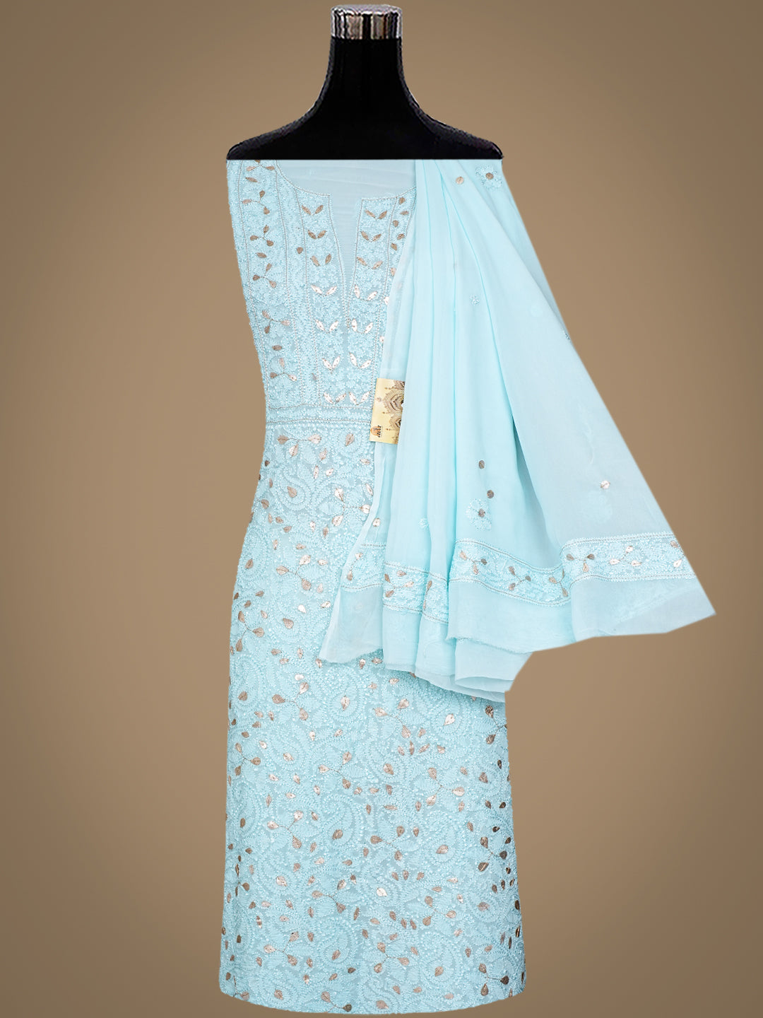 Ada Hand Embroidered Sky Blue Viscose Georgette Lucknowi Chikankari Unstitched Kurta Dupatta Set With Gota Patti Work 01A984157