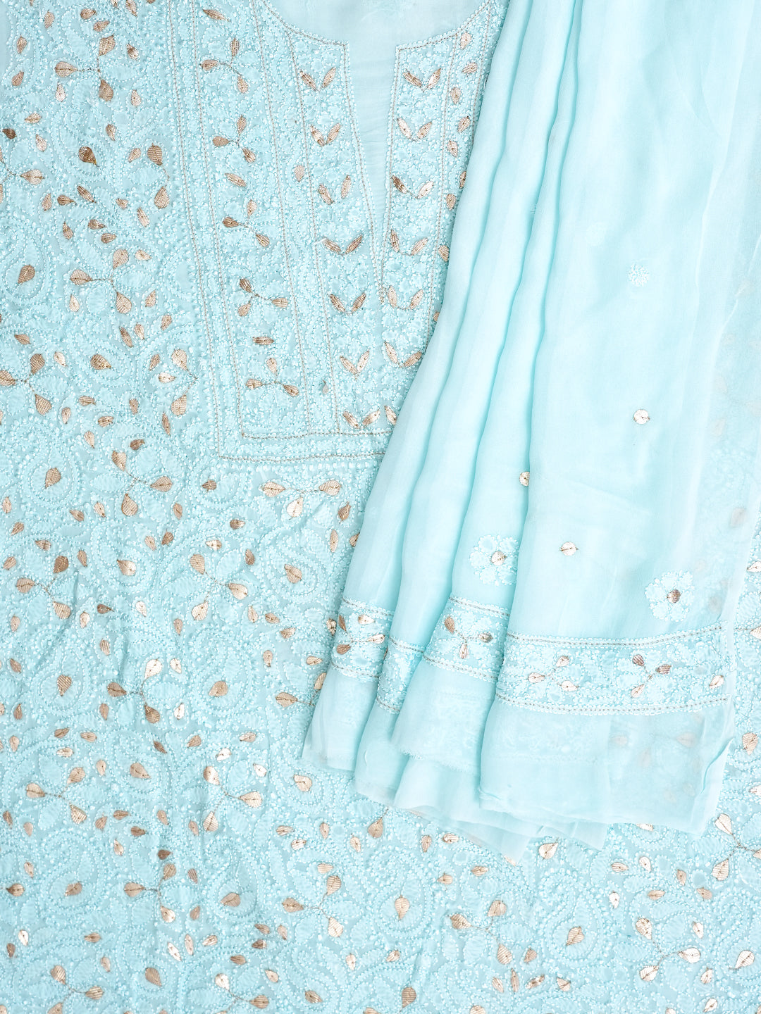Ada Hand Embroidered Sky Blue Viscose Georgette Lucknowi Chikankari Unstitched Kurta Dupatta Set With Gota Patti Work 01A984157