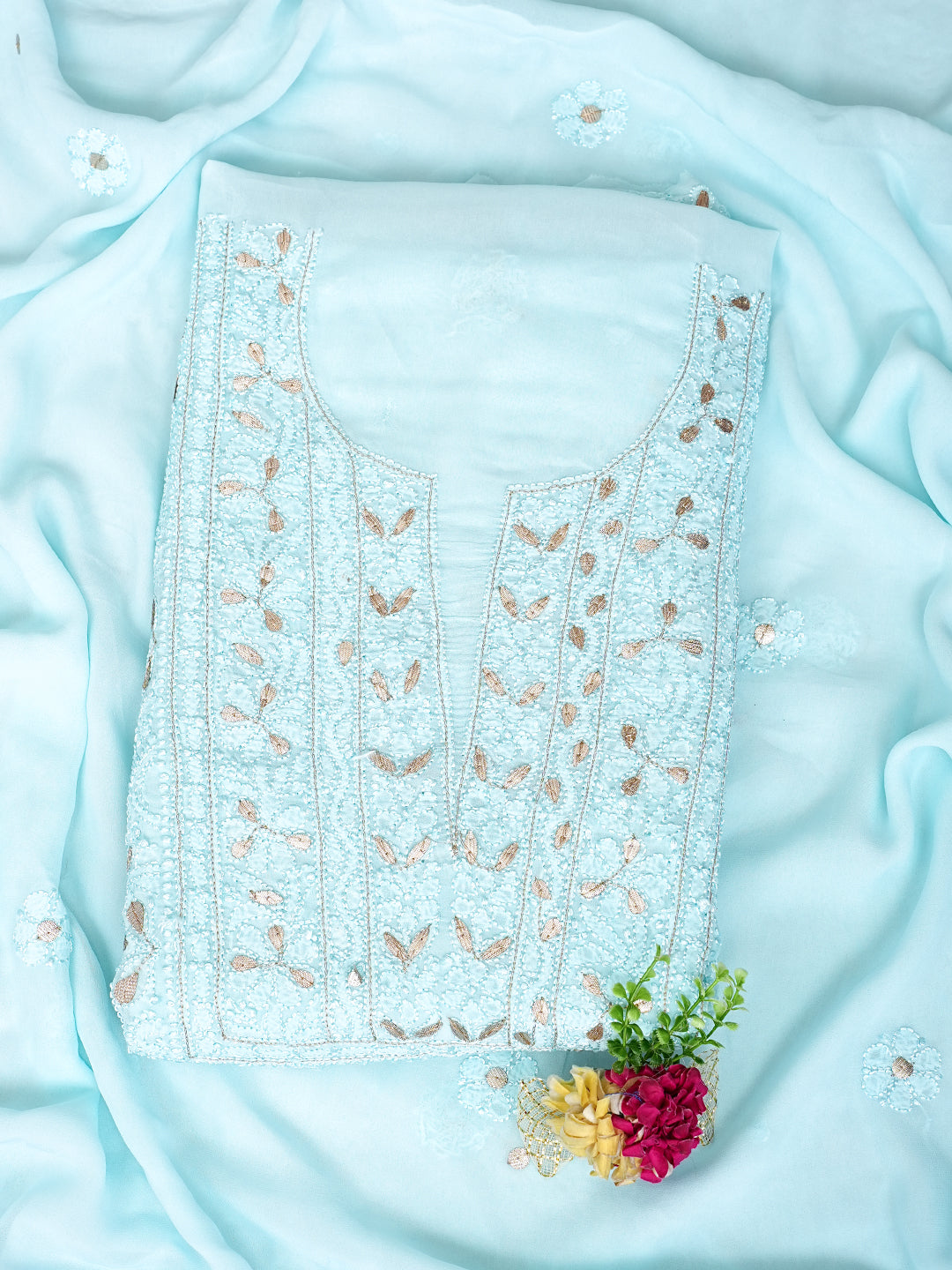 Ada Hand Embroidered Sky Blue Viscose Georgette Lucknowi Chikankari Unstitched Kurta Dupatta Set With Gota Patti Work 01A984157