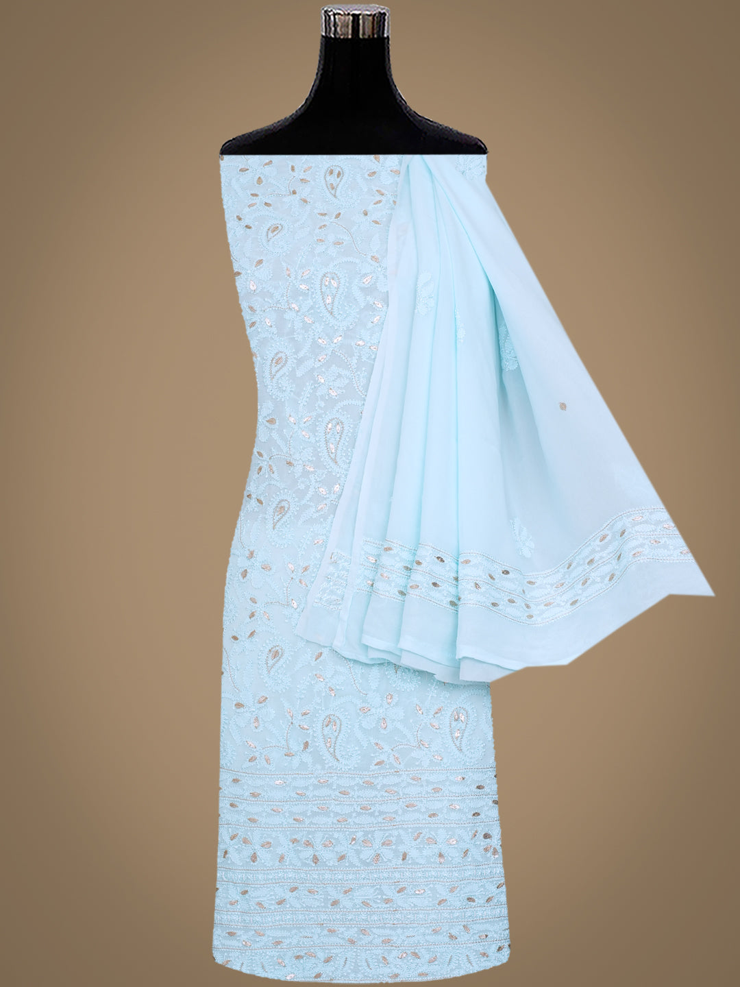 Ada Hand Embroidered Sky Blue Viscose Georgette Lucknowi Chikankari Unstitched Kurta Dupatta With Gota Patti Work 01A984169