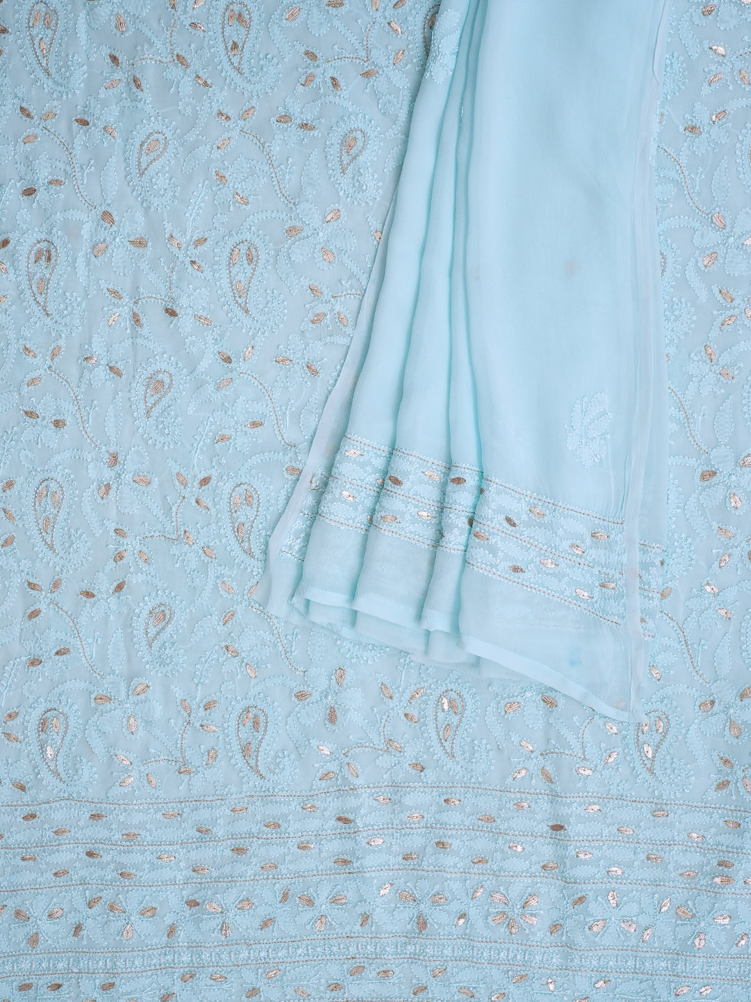Ada Hand Embroidered Sky Blue Viscose Georgette Lucknowi Chikankari Unstitched Kurta Dupatta With Gota Patti Work 01A984169
