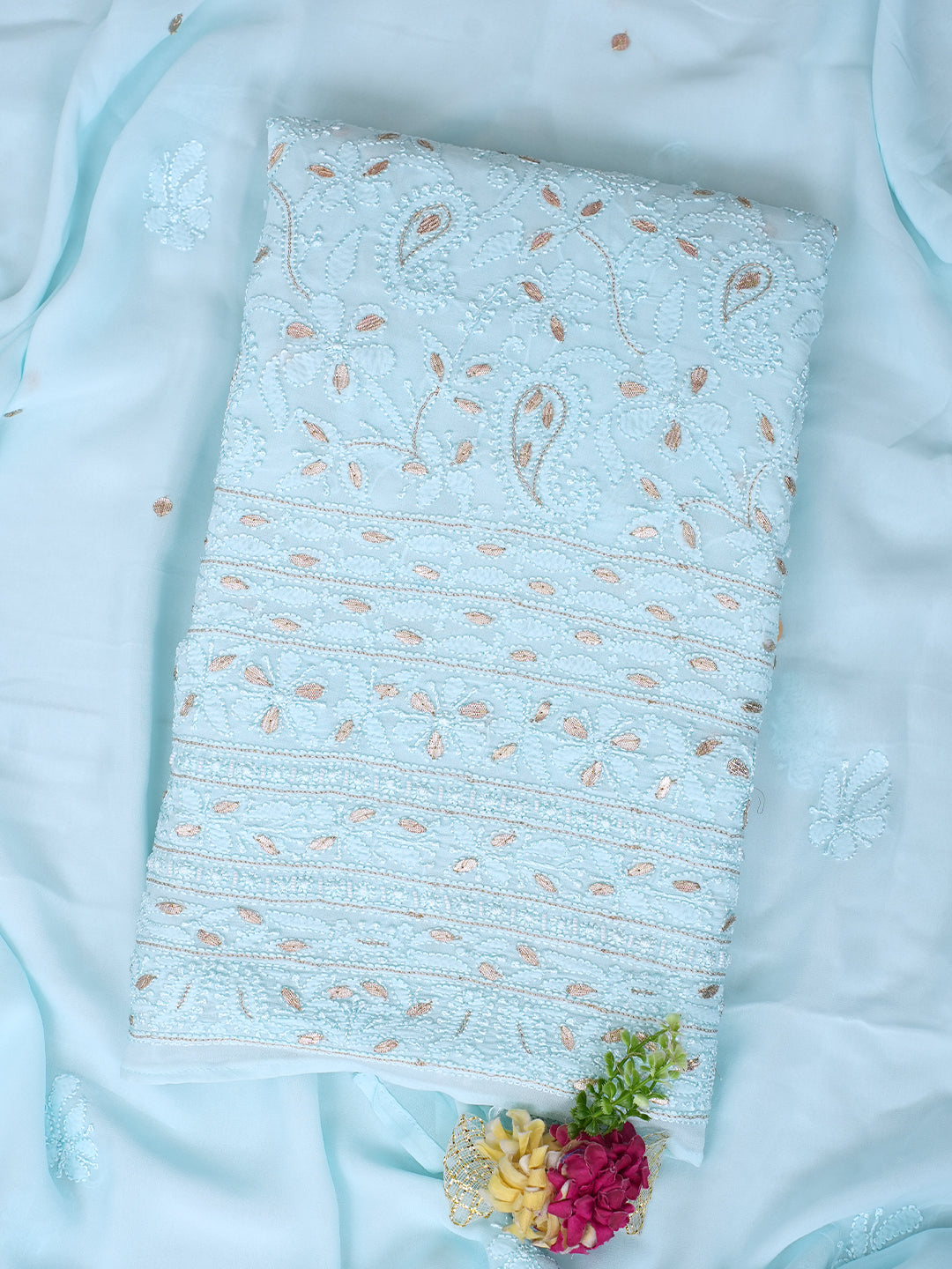Ada Hand Embroidered Sky Blue Viscose Georgette Lucknowi Chikankari Unstitched Kurta Dupatta With Gota Patti Work 01A984169