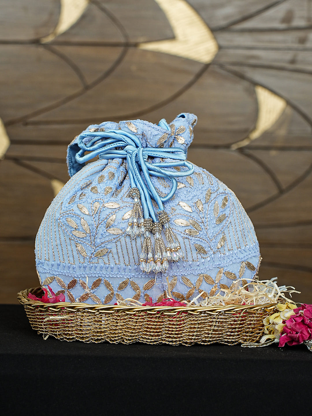 Ada Hand Embroidered Sky Reflection Blue Viscose Georgette Lucknowi Chikankari Potli Bag With Zari Work 01A996453