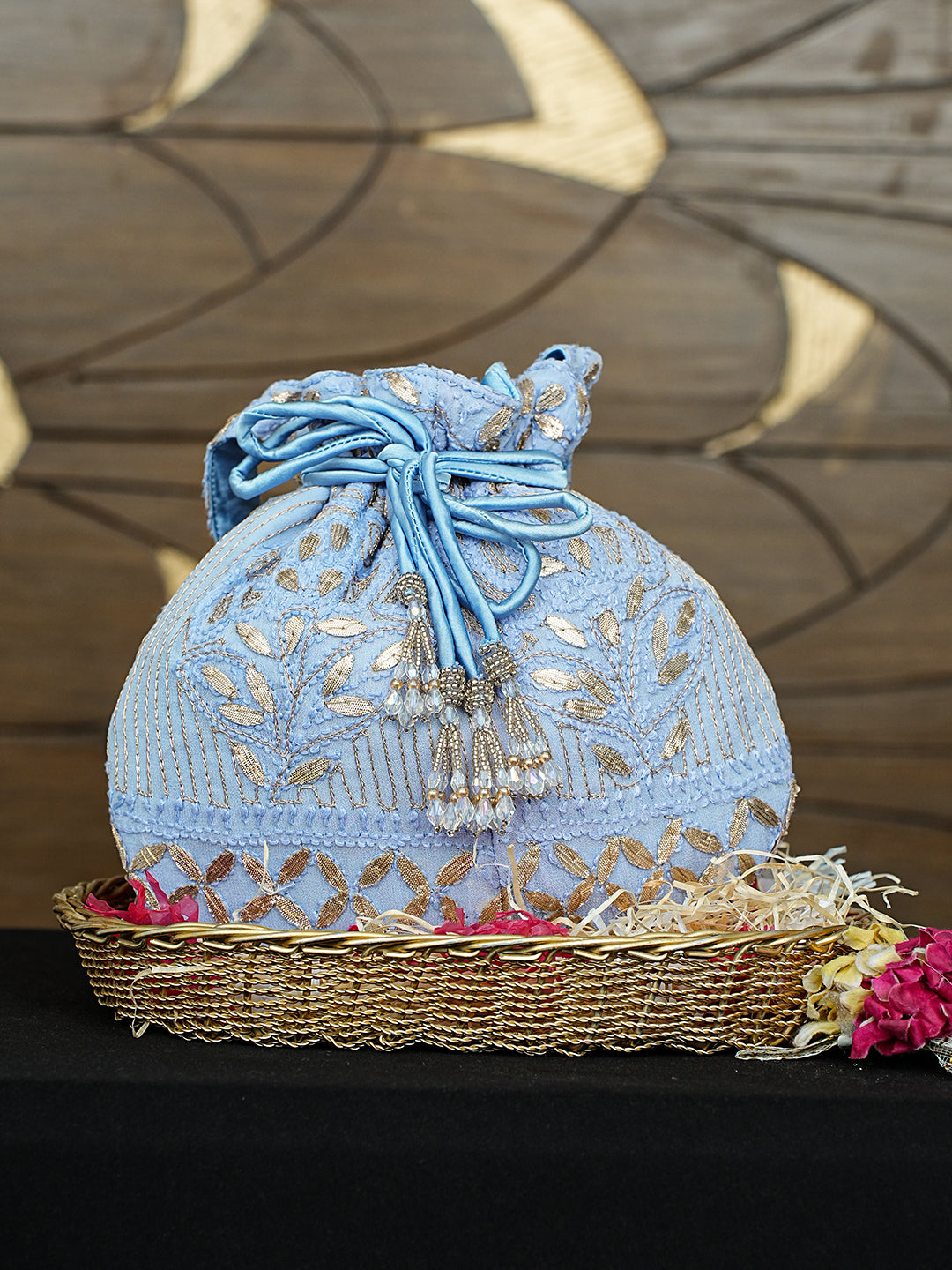 Ada Hand Embroidered Sky Reflection Blue Viscose Georgette Lucknowi Chikankari Potli Bag With Zari Work 01A996453