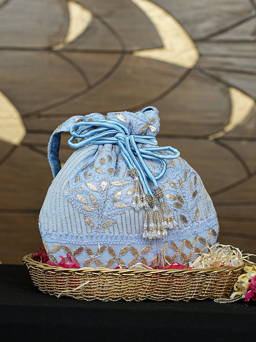 Ada Hand Embroidered Sky Reflection Blue Viscose Georgette Lucknowi Chikankari Potli Bag With Zari Work 01A996453