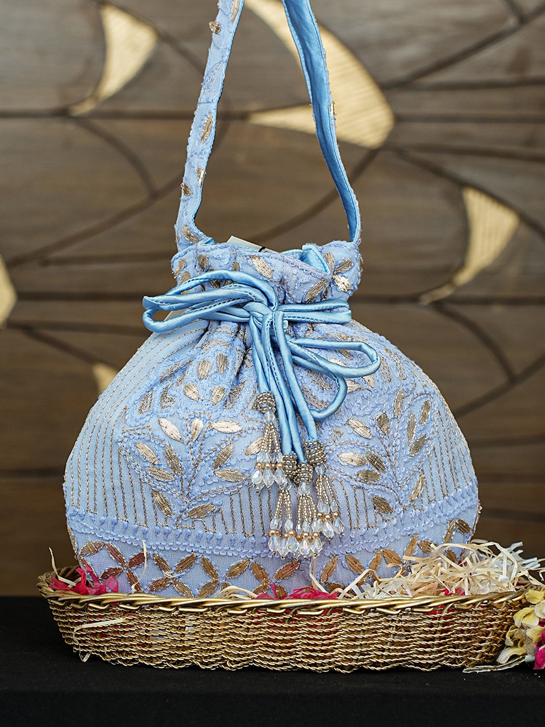 Ada Hand Embroidered Sky Reflection Blue Viscose Georgette Lucknowi Chikankari Potli Bag With Zari Work 01A996453