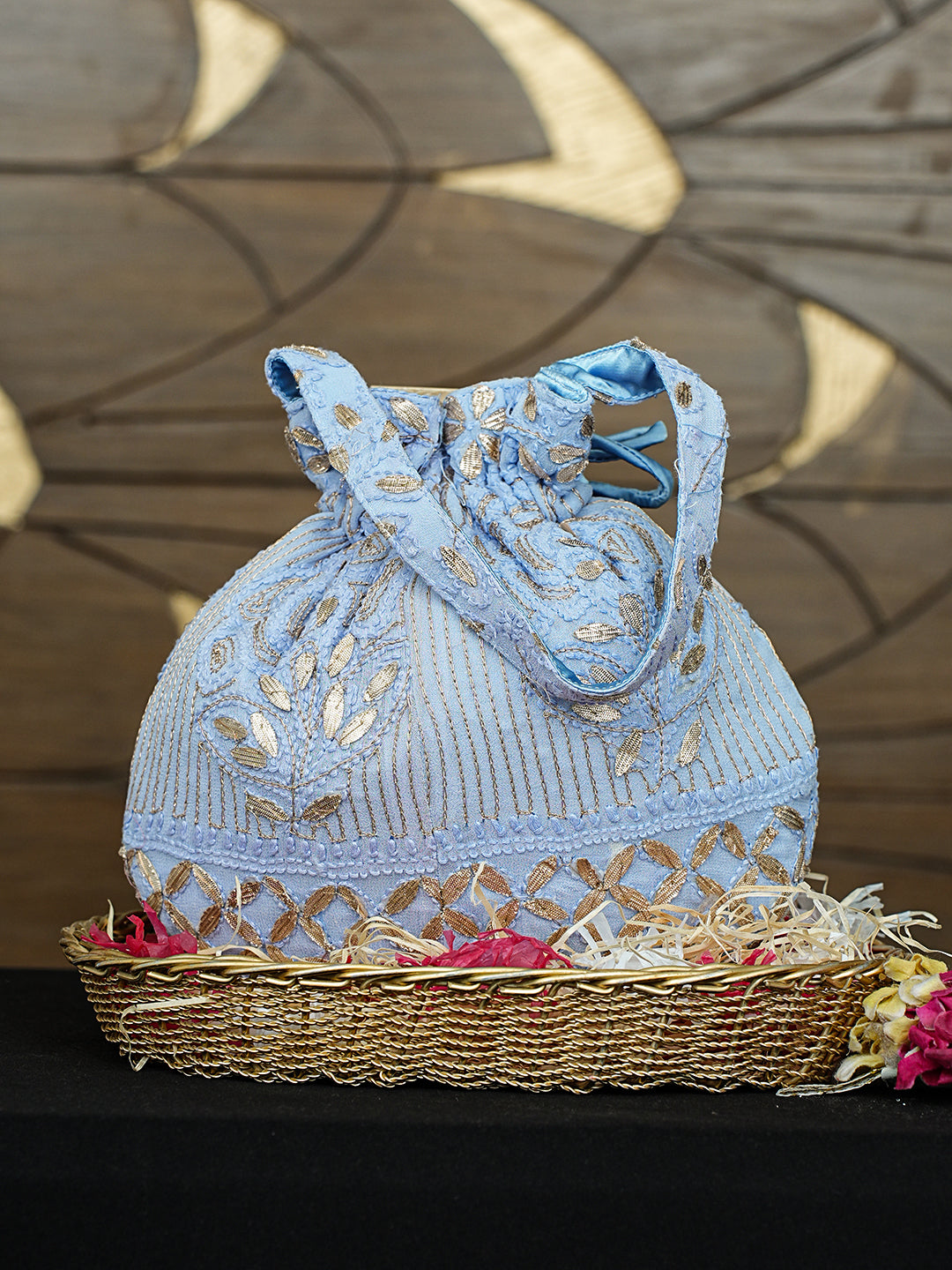 Ada Hand Embroidered Sky Reflection Blue Viscose Georgette Lucknowi Chikankari Potli Bag With Zari Work 01A996453
