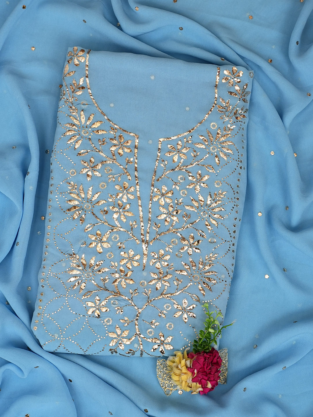 Ada Hand Embroidered Sky Reflection Blue Viscose Georgette Unstitched Kurta Dupatta With Muqaish/Mukaish Work 01A923203