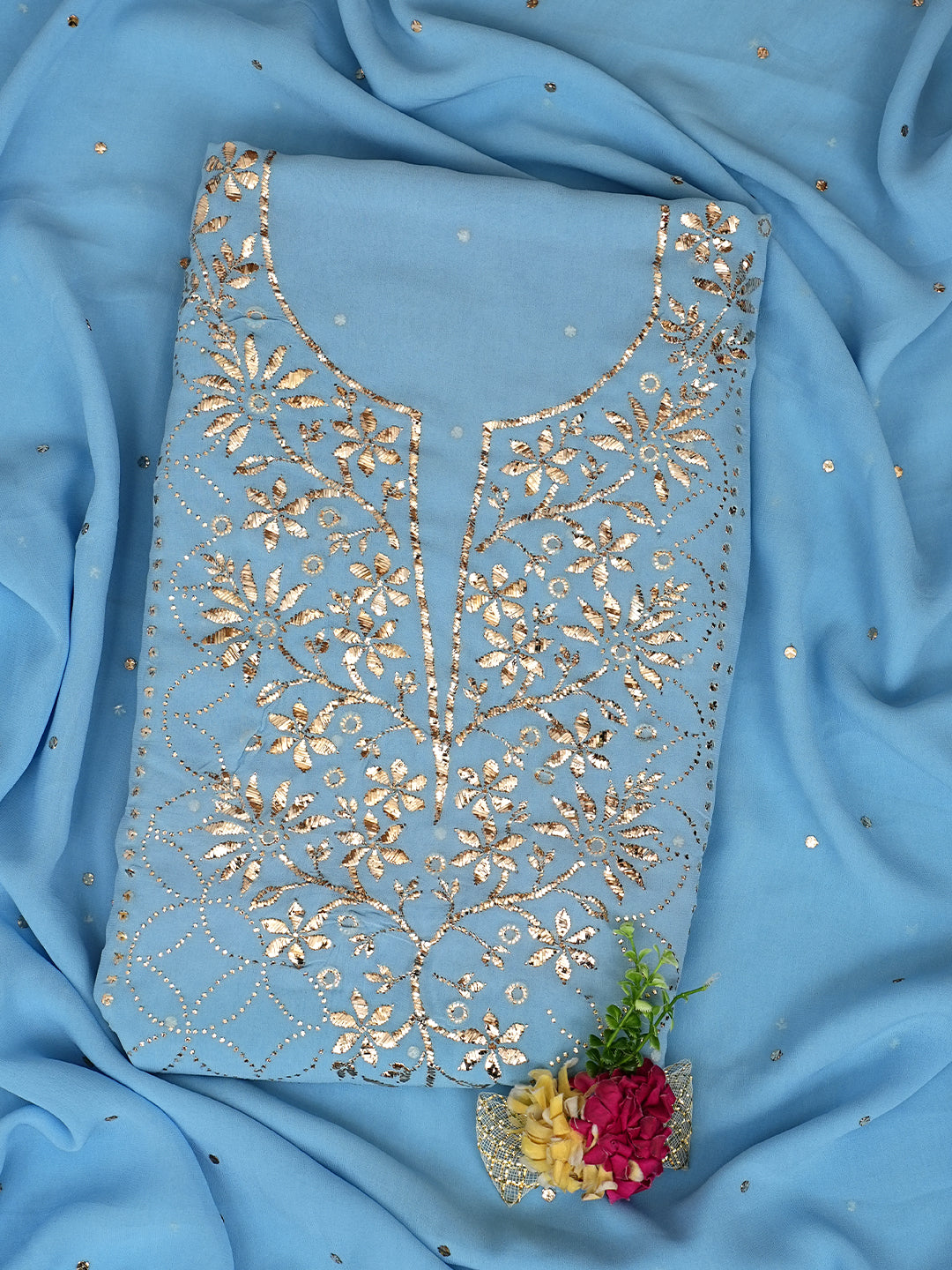 Ada Hand Embroidered Sky Reflection Blue Viscose Georgette Unstitched Kurta Dupatta With Muqaish/Mukaish Work 01A923203