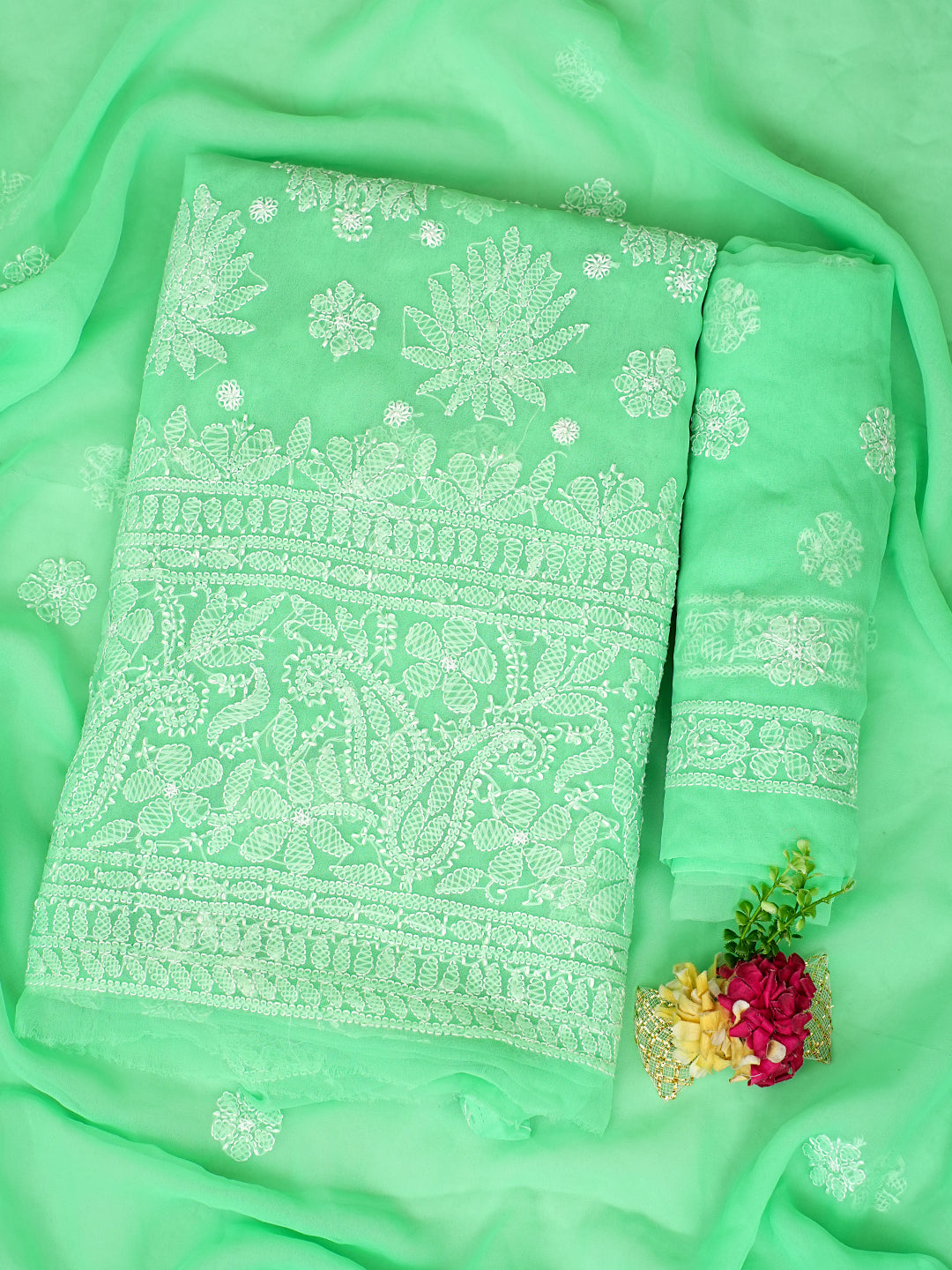 Ada Hand Embroidered Spring Green Georgette Lucknowi Chikankari Unstitched Suit Piece 01A1000770