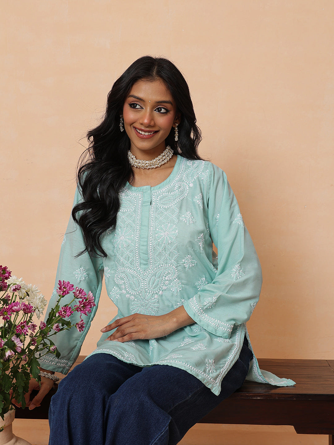 Ada Hand Embroidered Teal Blue Muslin Lucknowi Chikankari Short Kurti A911579_2