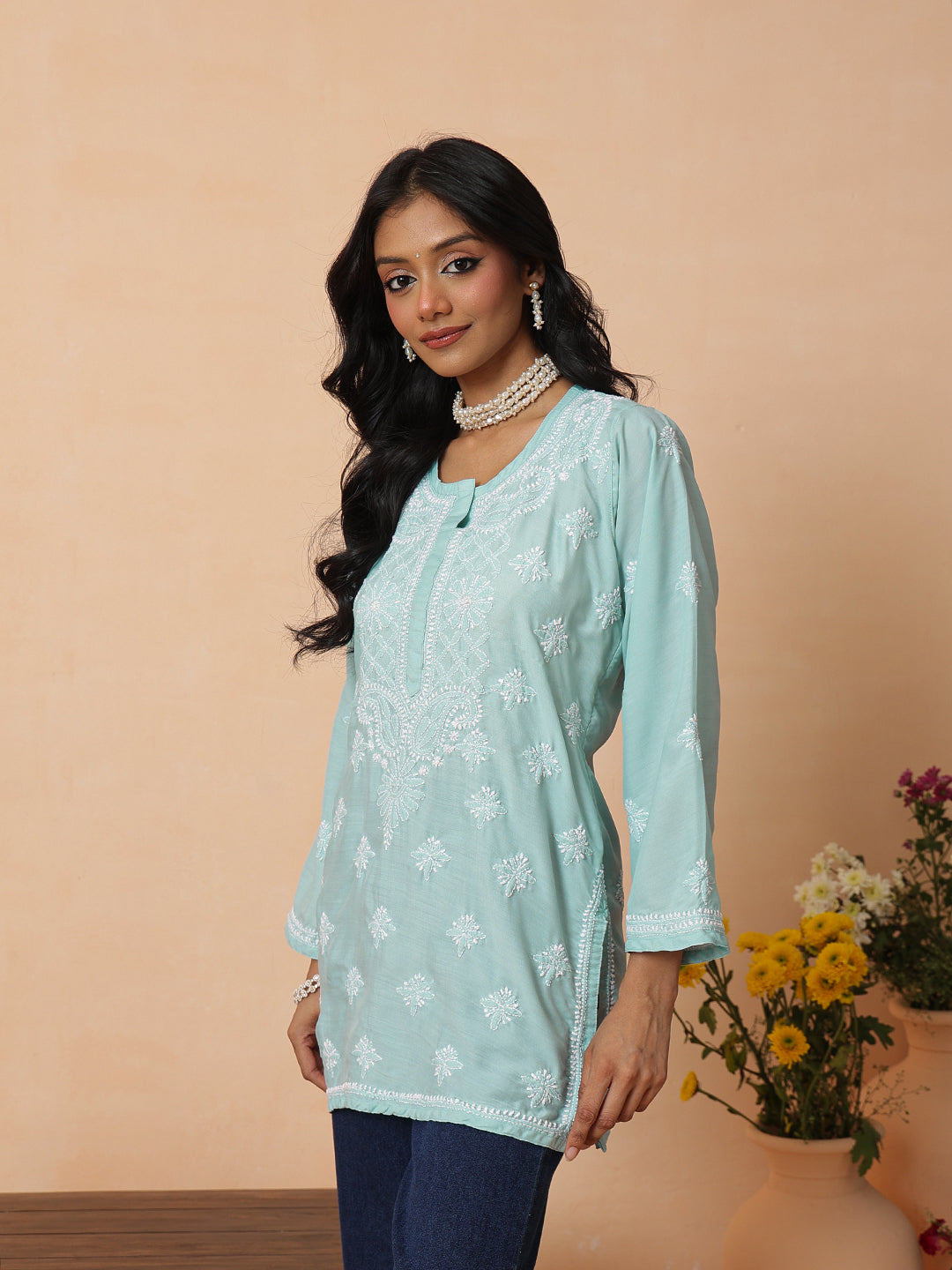 Ada Hand Embroidered Teal Blue Muslin Lucknowi Chikankari Short Kurti A911579_3