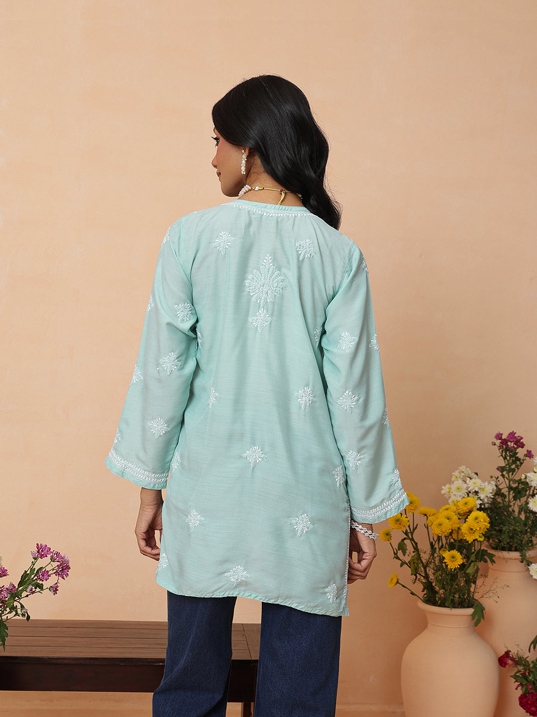 Ada Hand Embroidered Teal Blue Muslin Lucknowi Chikankari Short Kurti A911579_4