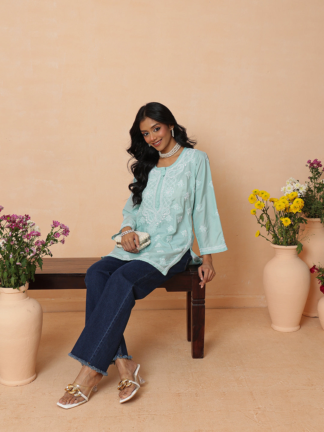 Ada Hand Embroidered Teal Blue Muslin Lucknowi Chikankari Short Kurti A911579_5
