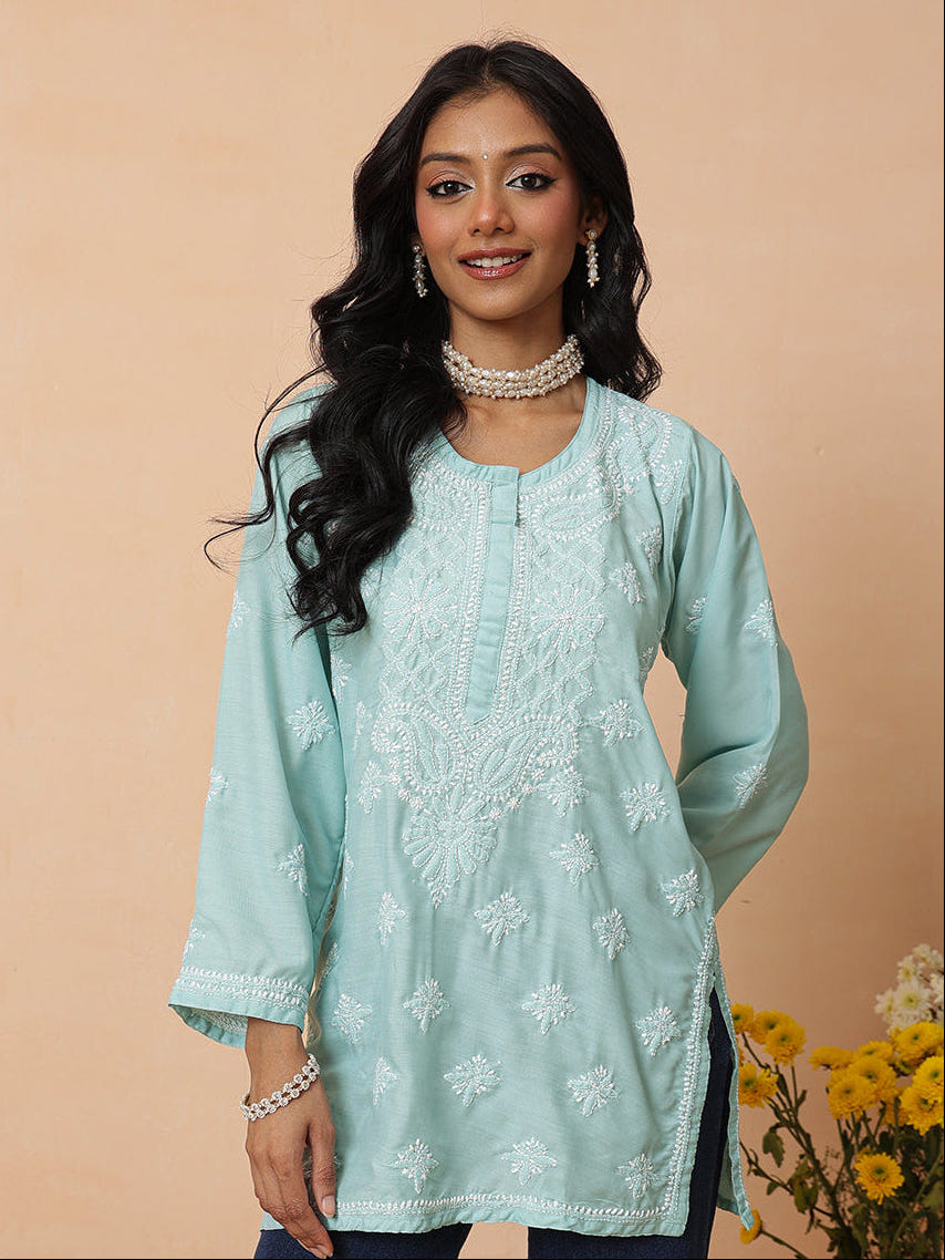 Ada Hand Embroidered Teal Blue Muslin Lucknowi Chikankari Short Kurti A911579_1