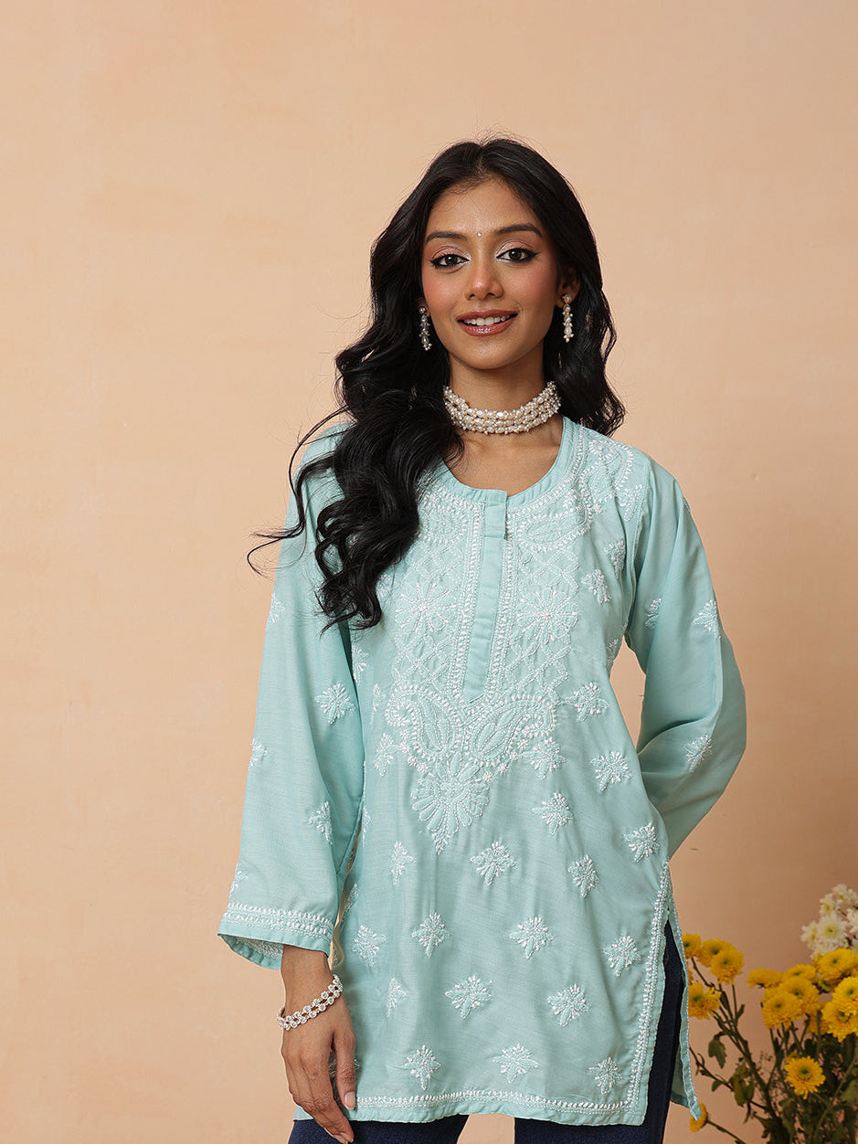 Ada Hand Embroidered Teal Blue Muslin Lucknowi Chikankari Short Kurti A911579_1
