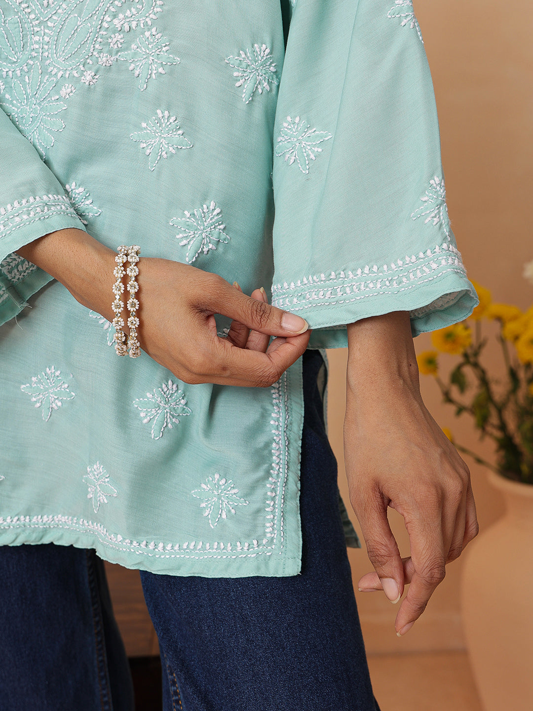 Ada Hand Embroidered Teal Blue Muslin Lucknowi Chikankari Short Kurti A911579_7
