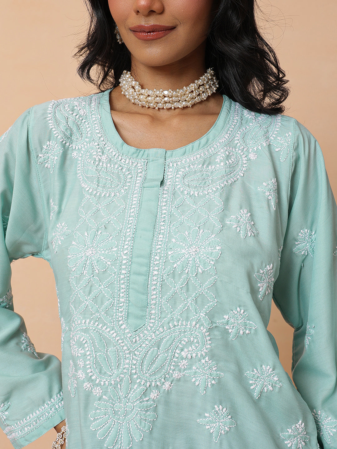 Ada Hand Embroidered Teal Blue Muslin Lucknowi Chikankari Short Kurti A911579_8